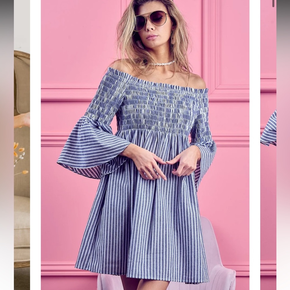 493. ☀️Smocked off shoulder striped dress in denim blue